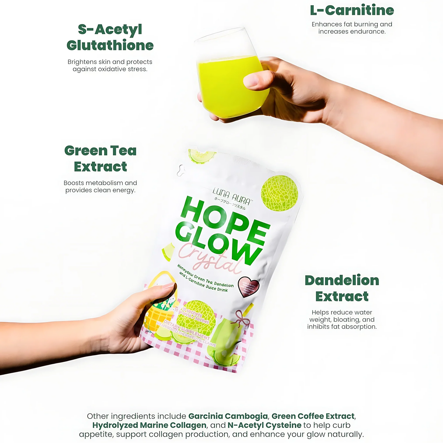 Hope Glow Crystal β Honeydew Green Tea With Dandelion & L-Carnitine (10 Sachets X 18g)