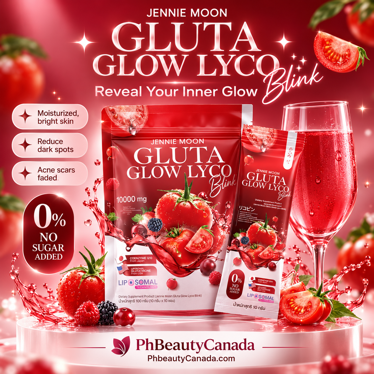 Jennie Moon Gluta Glow Lyco Blink – Liposomal Glutathione Drink Powder, CoQ10 + Lycopene, 30 Sachets (10g Each, 300g