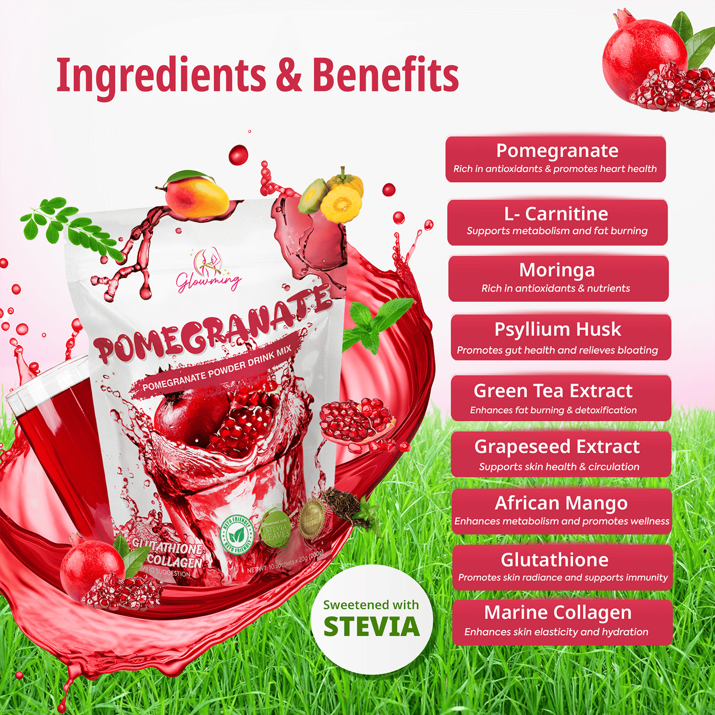 Glowming Pomegranate Powder Drink Mix With Glutathione And Collagen 200g